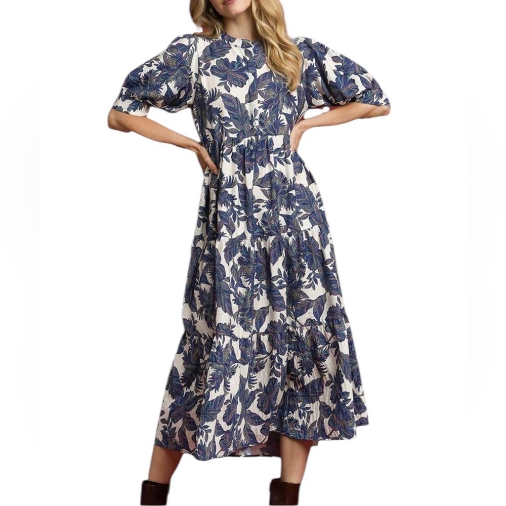 Umgee USA Boho Leaf/Floral Print Tiered Midi Dress Size Small. L-3